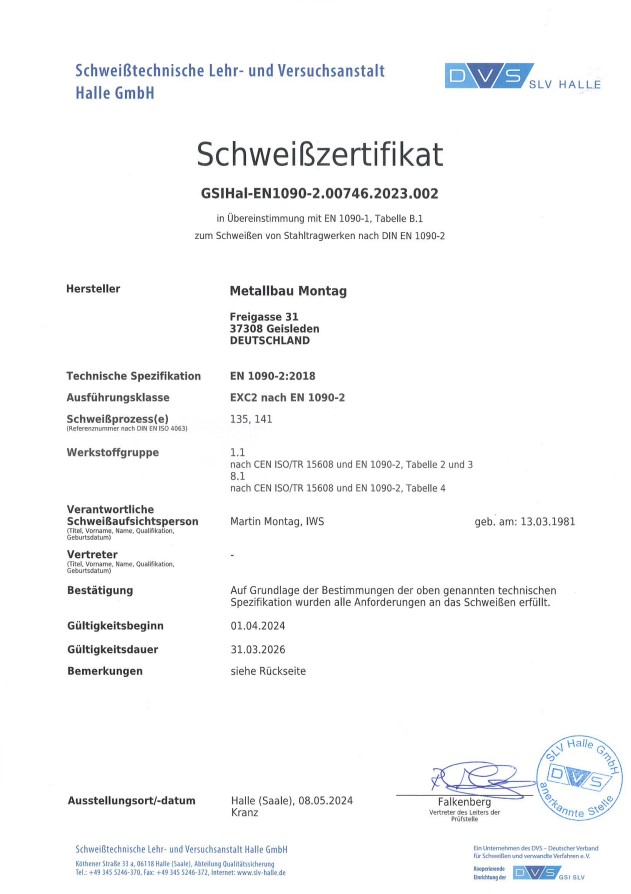 Schweißzertifikat DIN EN 1090 - Metallbau Montag